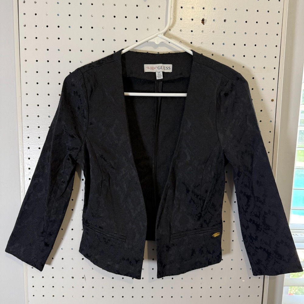 Vintage Guess Cropped Blazer Womens Small Black Jacquard Formal Career Jacket